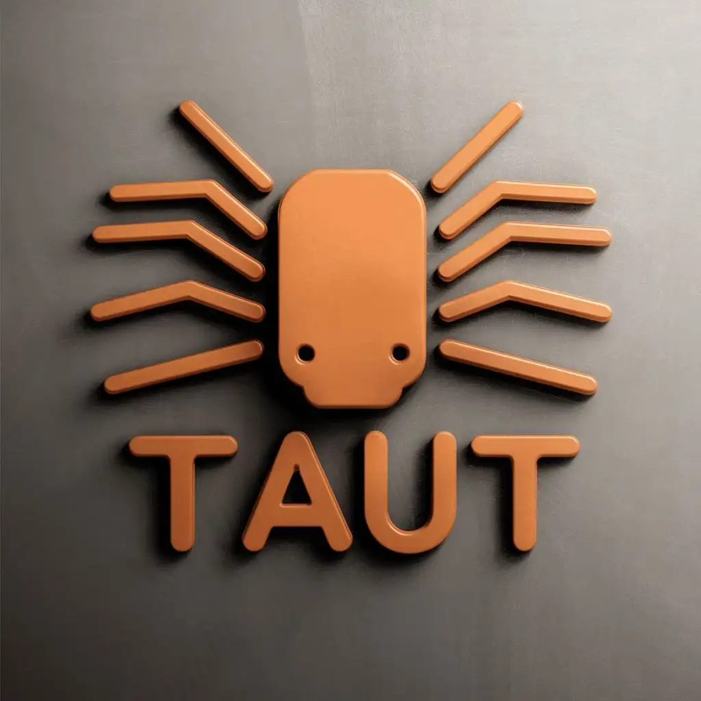 logo, orange robotic spider with eight legs and eight eyes, on a gray background, with the text "T Au T", typography, be used in Internet industry
