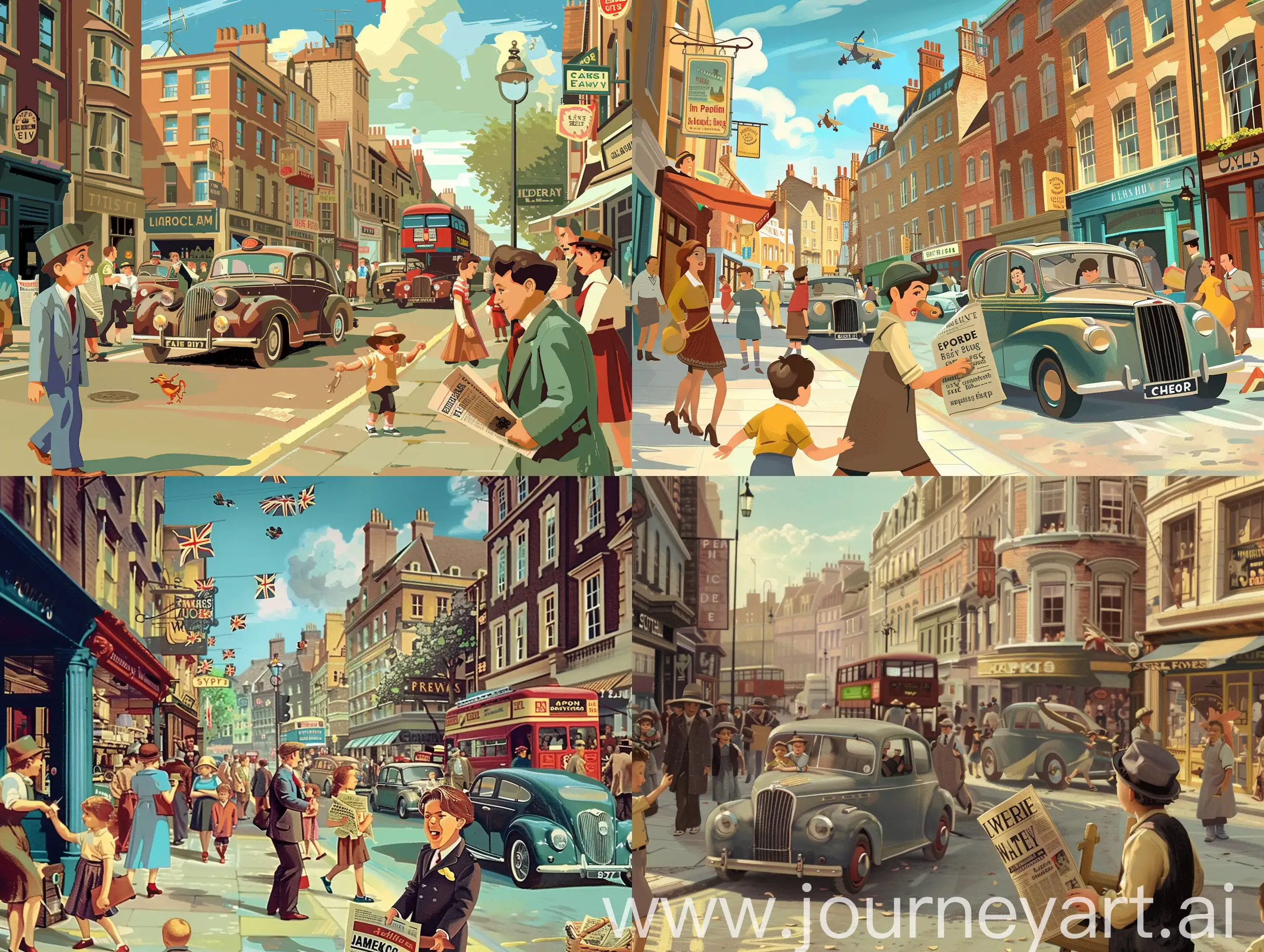 Rue achalandée de Londres des années 40, passants, voitures, magasins, enfants qui jouent, jeune crieur de  journaux en avant-plan, style animation
