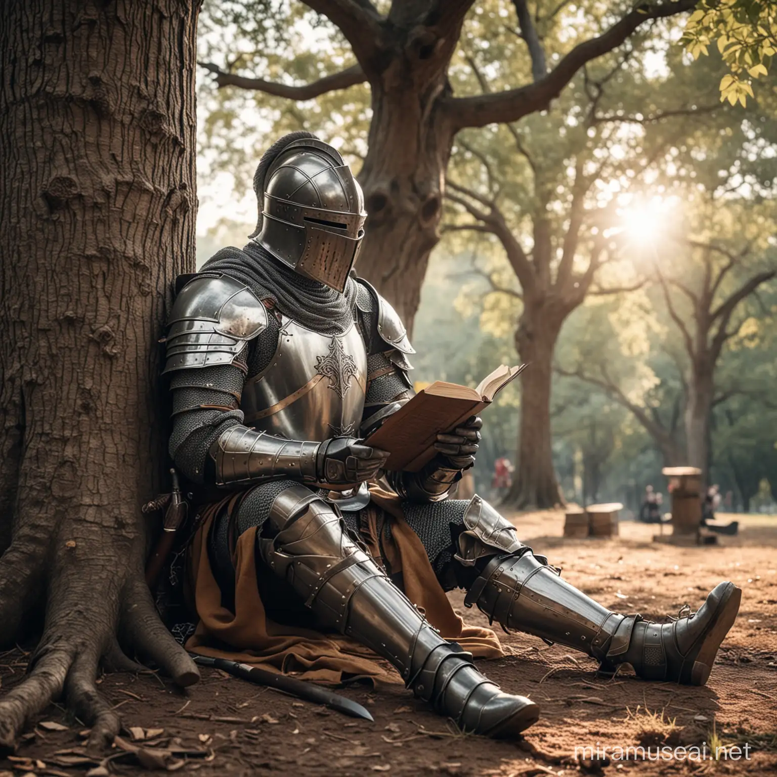 a knight sitting resting against a tree, reading a book. his sword is on the ground next to him.