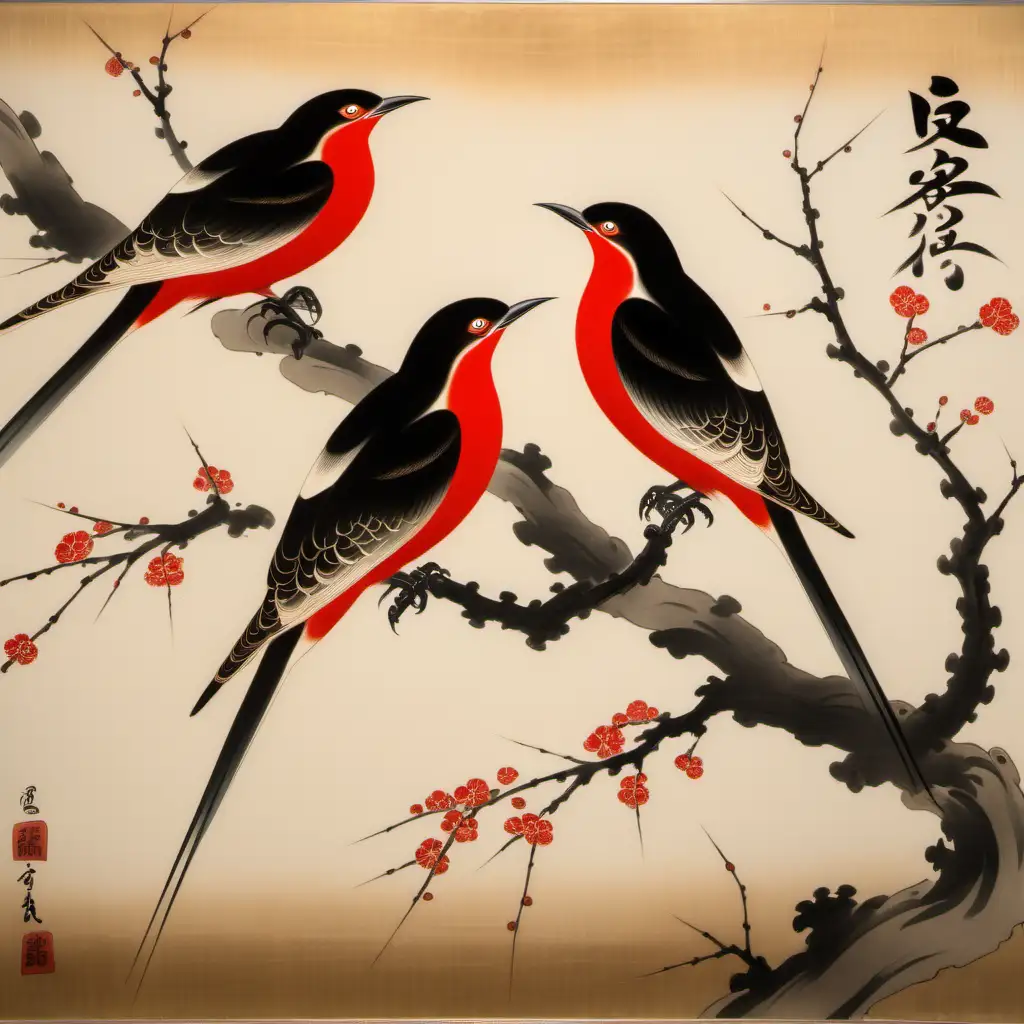 japanese style painting of 3 red beak birds on a branches. no japanese characters
