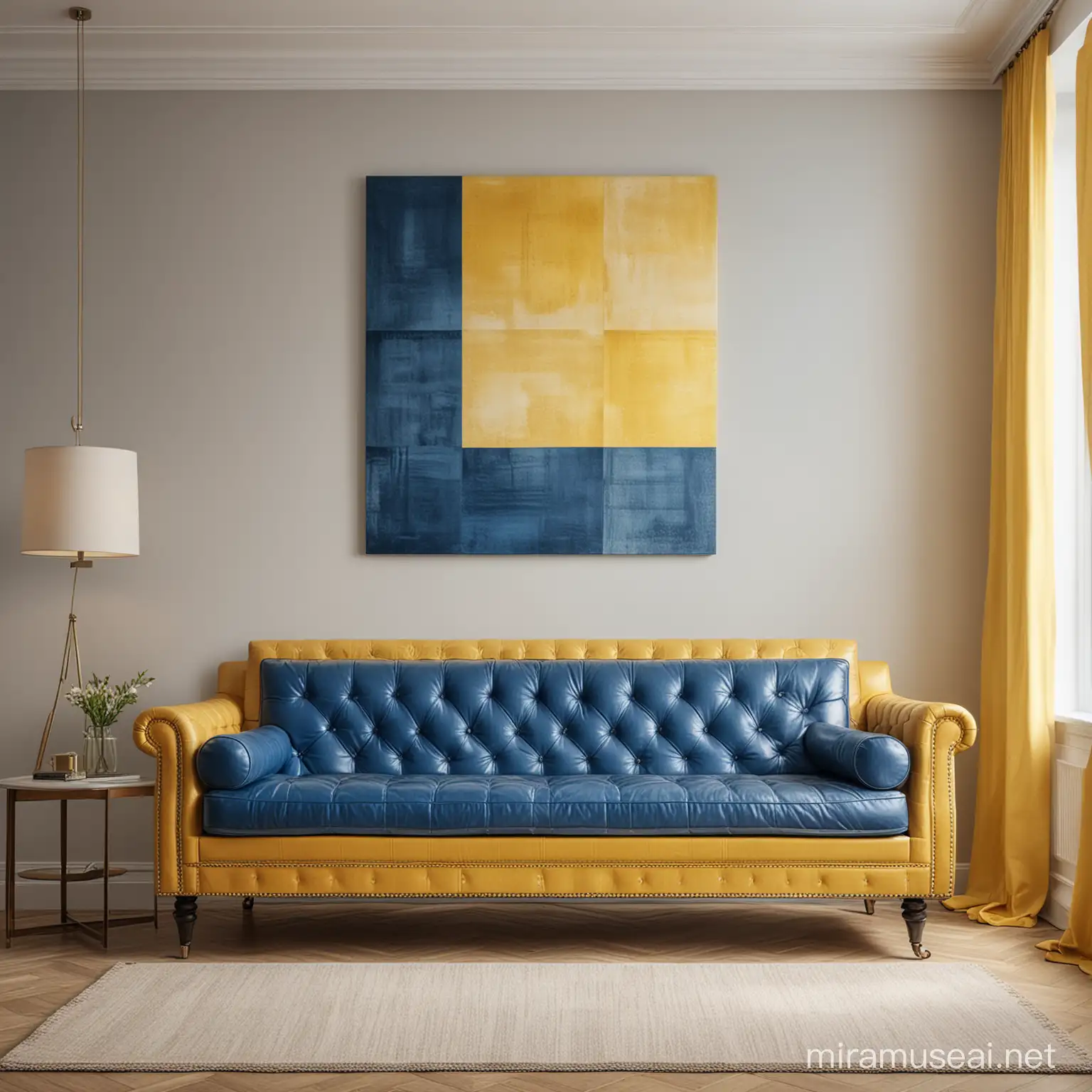 A living room with blue leather sofa, yellow, beige a square picture hangs behind it on the wall, detailed, vivid, light and shadow
