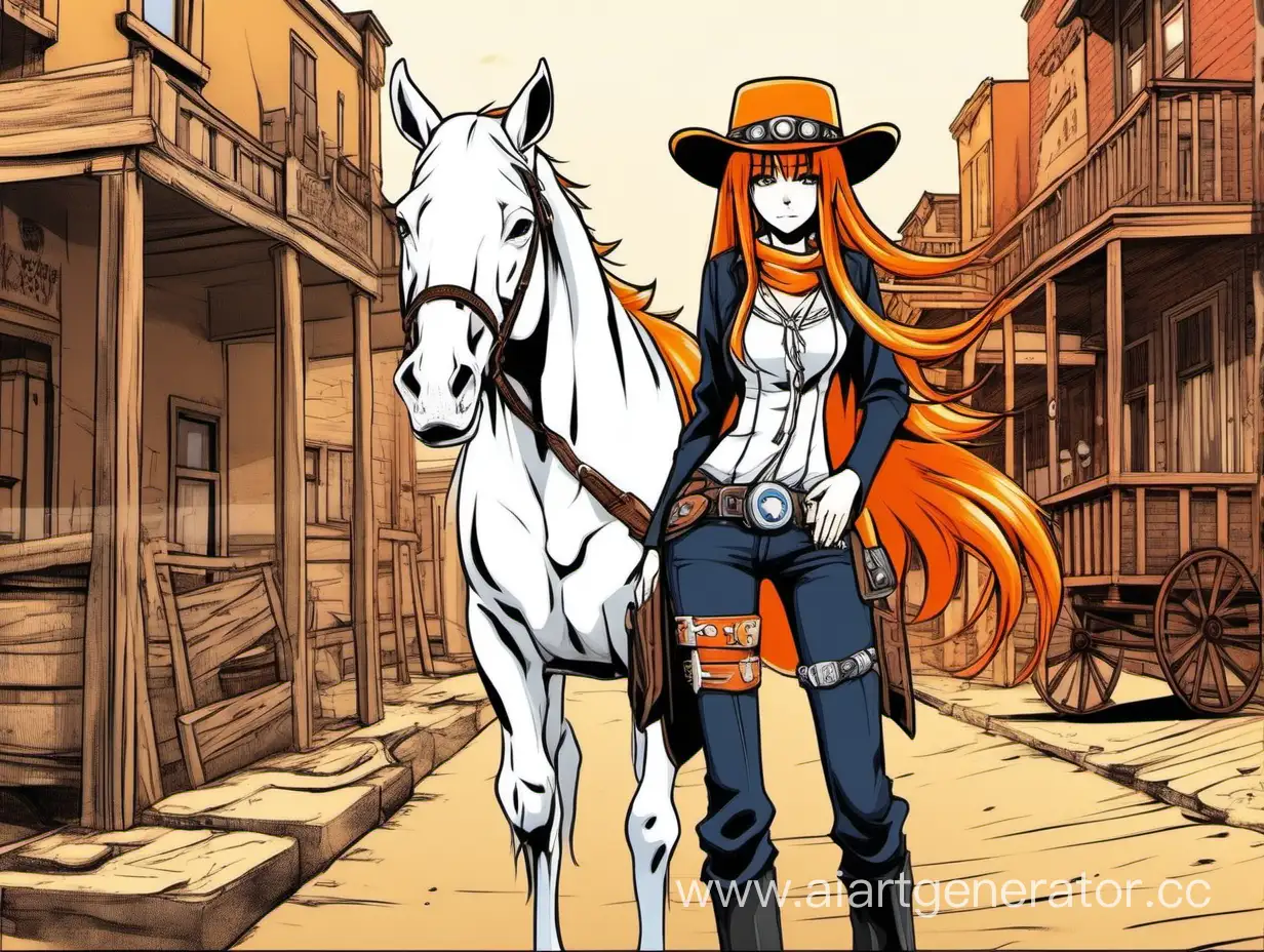 Anime-Cowboy-Girl-with-Orange-Hair-and-White-Horse-in-Wild-West-Town
