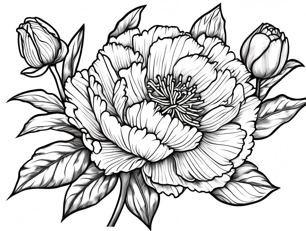 peony flower, daffodil flower, rose flower. all blooming, Coloring Page, black and white, line art, white background, Simplicity, Ample White Space. The background of the coloring page is plain white to make it easy for young children to color within the lines. The outlines of all the subjects are easy to distinguish, making it simple for kids to color without too much difficulty