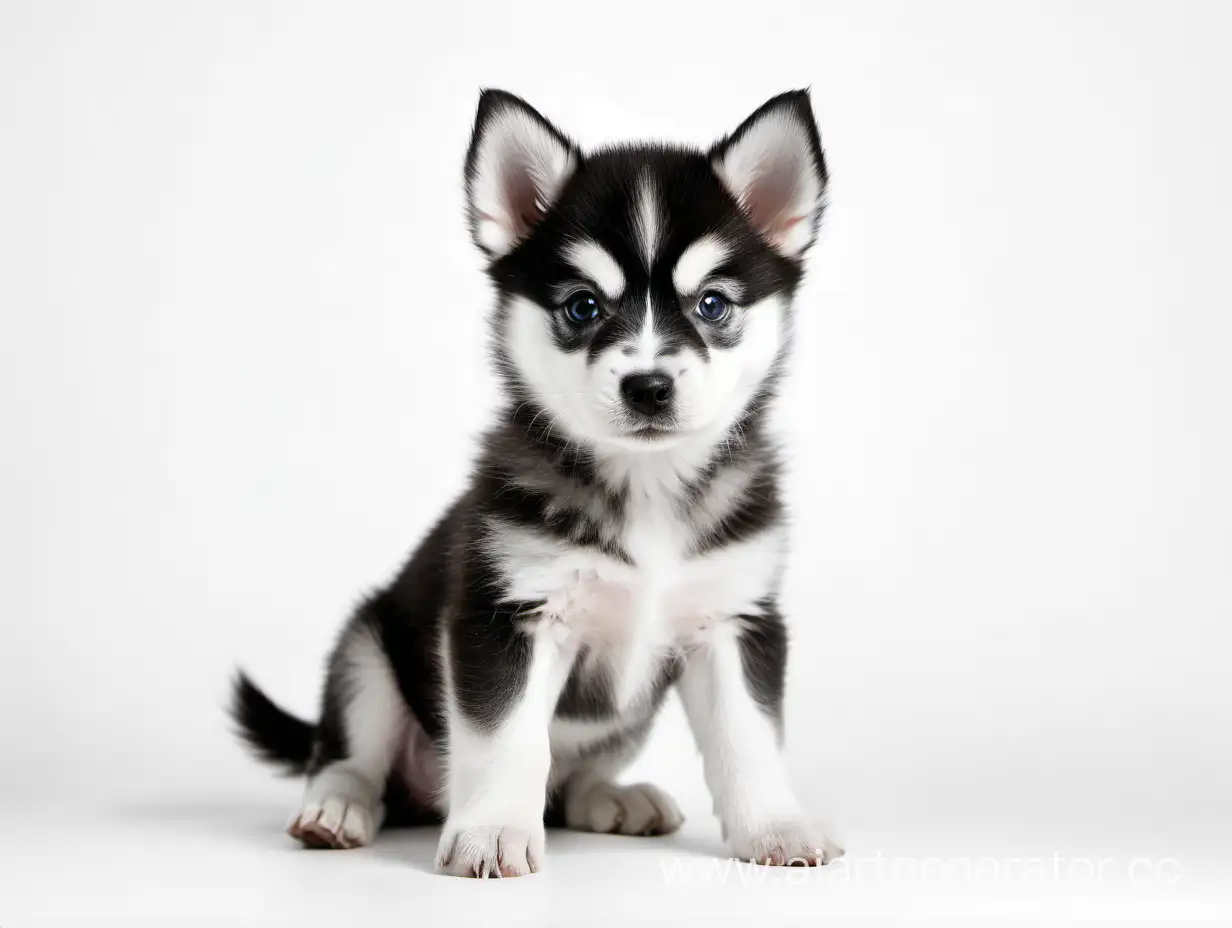 A cute puppy in full growth. Alaskan Klee Kai. White background