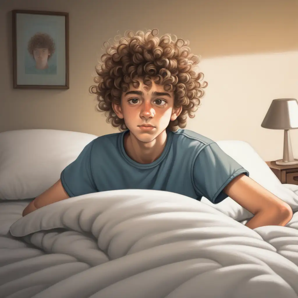 парень 16 лет с кудрявыми волосами встает с кровати 

