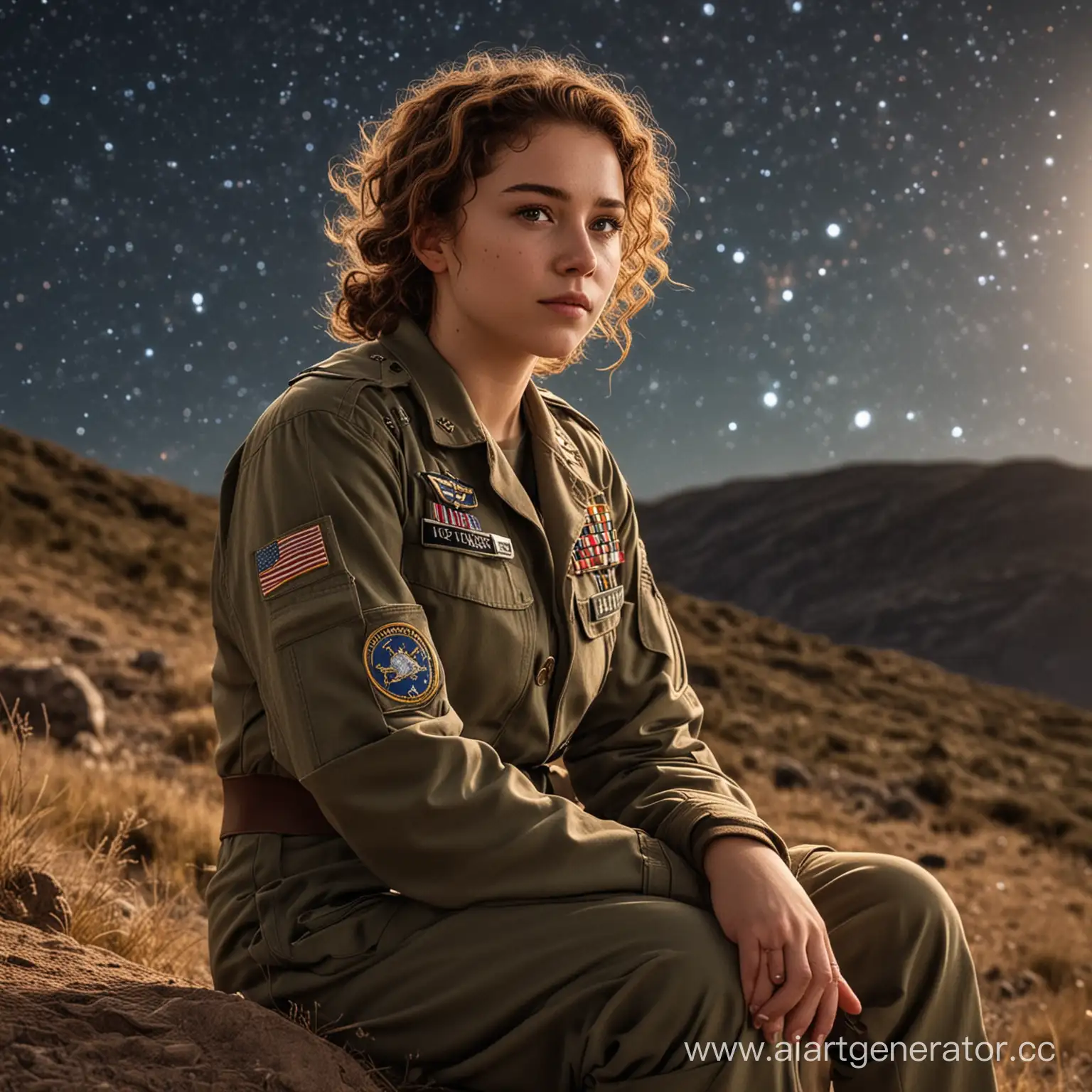 Ally sits on a hill pointing out the constellations to Lydia.

Ally - 18 year-old girl with a boho style, short brown curly hair, a round face, and warm skin. She is dressed in a medic uniform in the army.