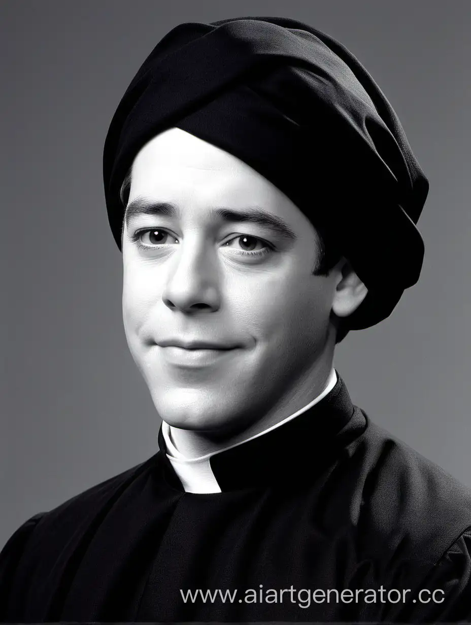 Black and white photo, Matthew Broderick, very young, in black cassock, in turban, hair fully covered