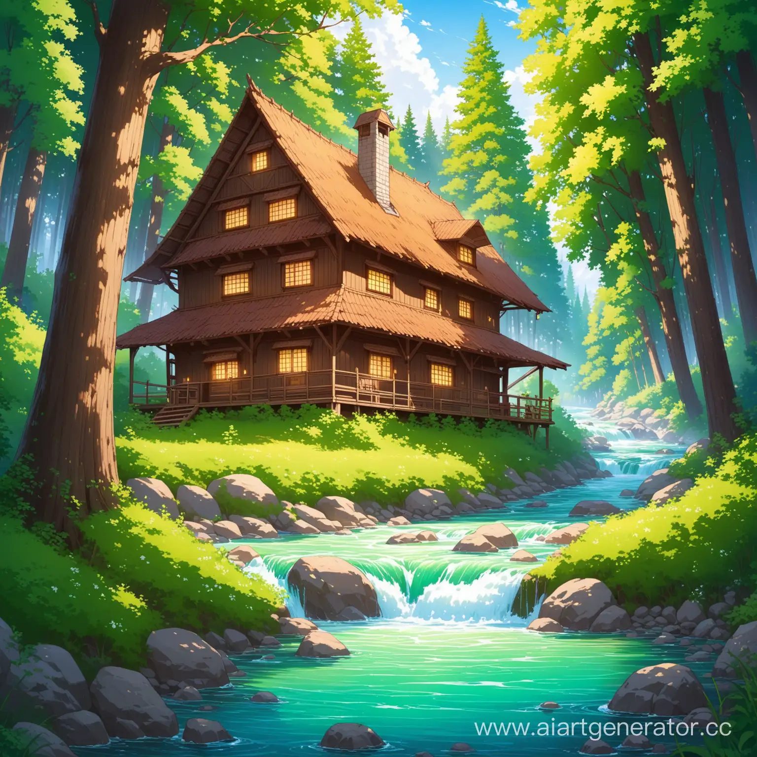 An old house in the forest with a river of beer