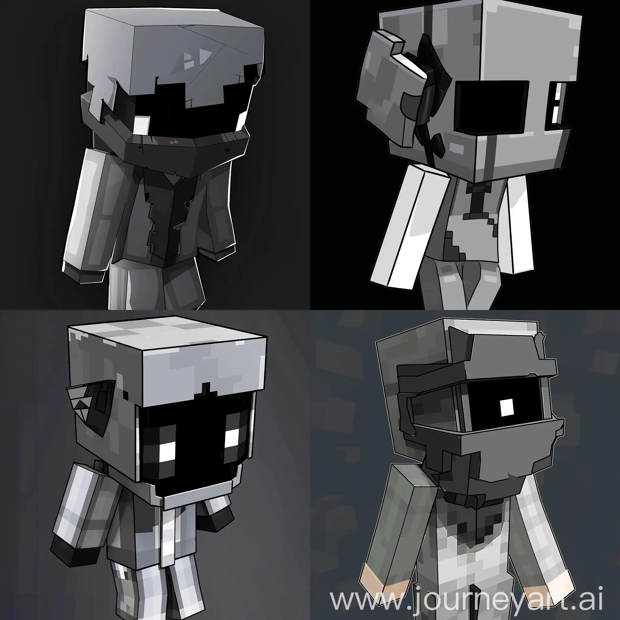 prompt:https://cdn.discordapp.com/attachments/1012104129637789718/1216341608149155890/body.png , thats my minecraft skin i want you to make a anime like fan art with it , as you can see its have a gray mask with one biger black eye and one smaller white eye on it 