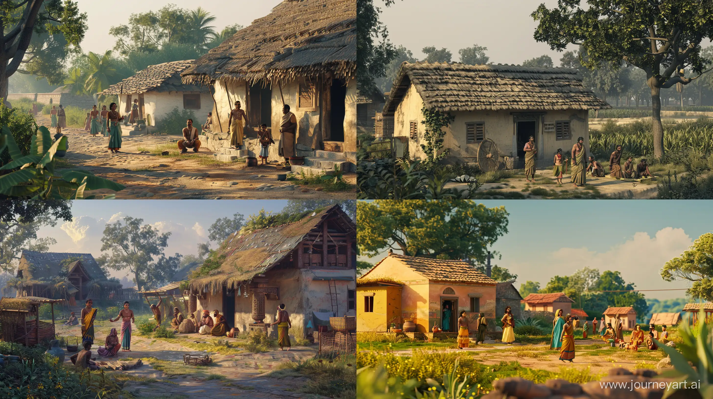 Realistic images depicting the people from ancient Indian times peacefully living, village houses, people outside the house, happy face, intricate details, tranquil background, 8k quality --ar 16:9 