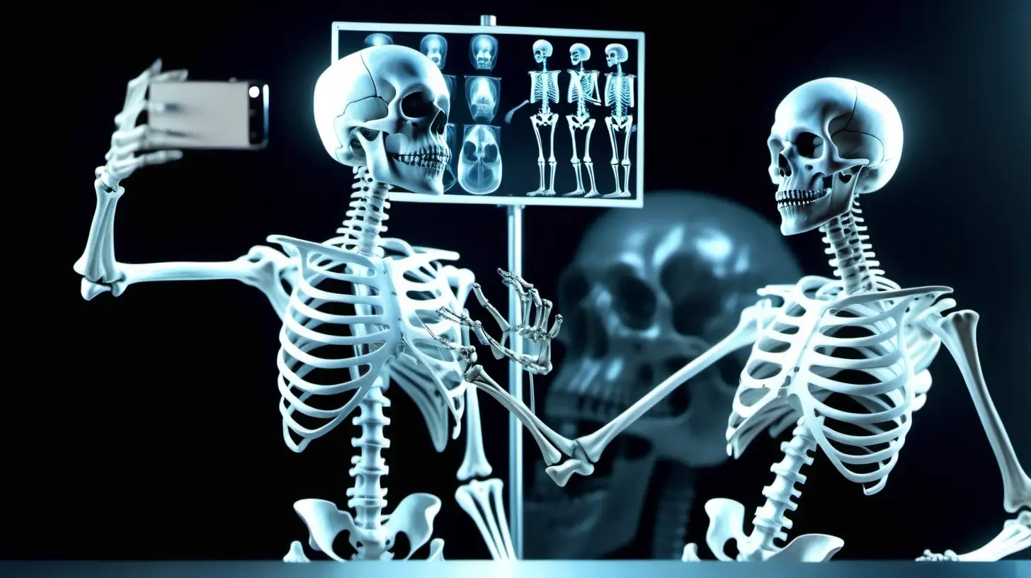 2 skeletons taking selfie with an x-ray machine, lab scene, higly detailed, studio light, 4K quality, realistic and cinematic