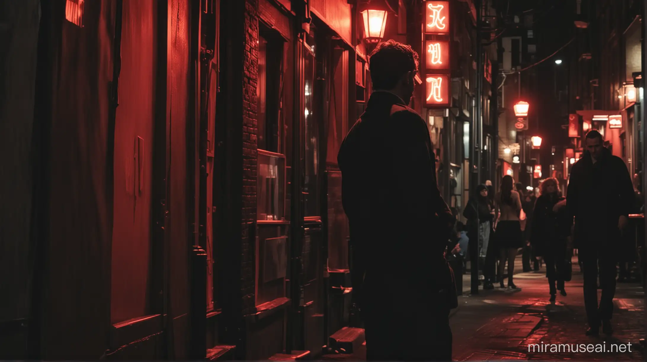 Subject: A man in foreground looks at a clothed prostitute in the background

Setting: red light district

Style: dark, moody, seedy, cinematic lighting


