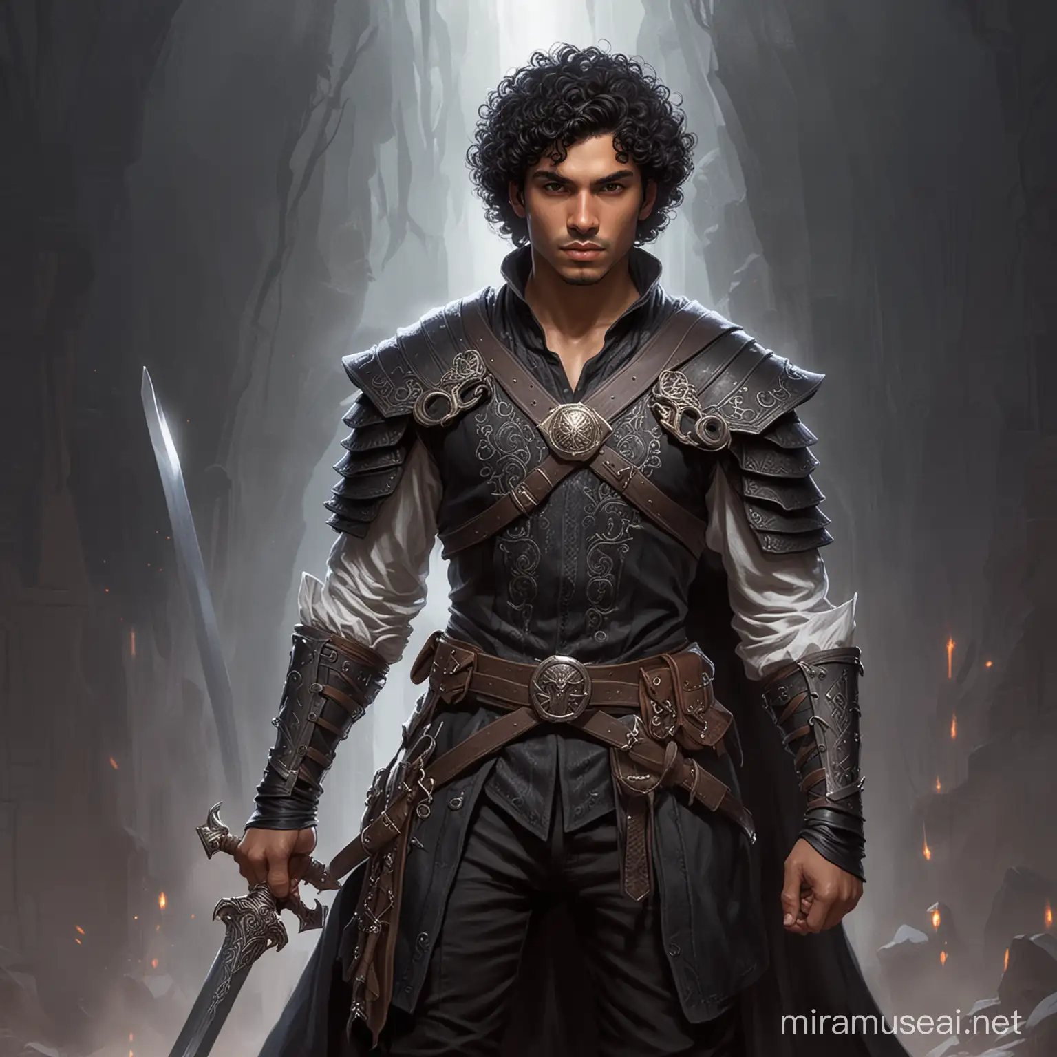 latino male with short curly black hair, wearing wizard attire, holding a sword, in fantasy DnD style