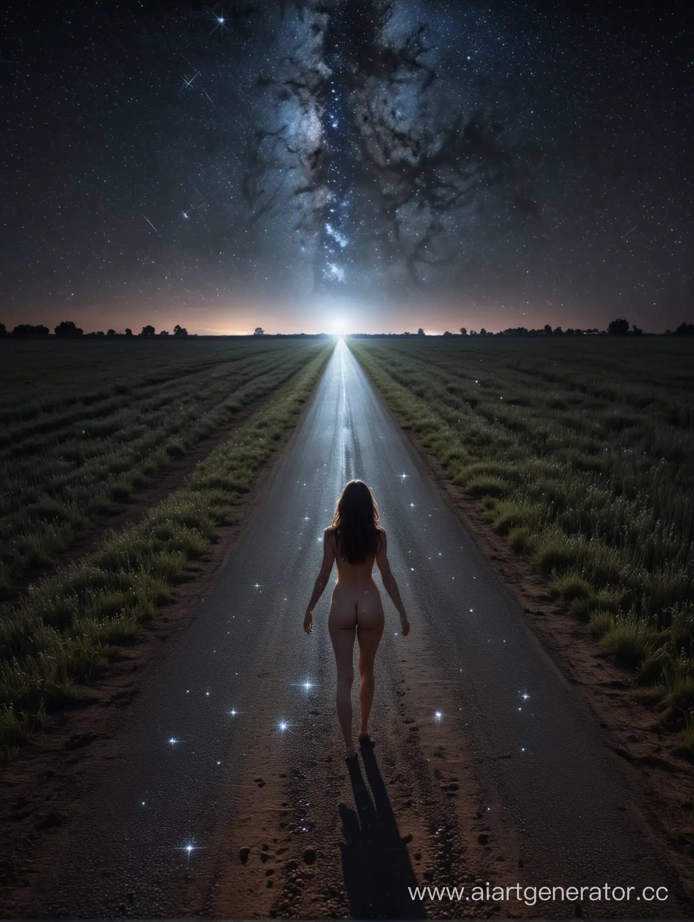 ночь, темнота, ночное небо усыпано звёздами, дорога сквозь поле, на переднем плане: посередине дороги ионизирующее магнитное поле в форме обнажённой женщины