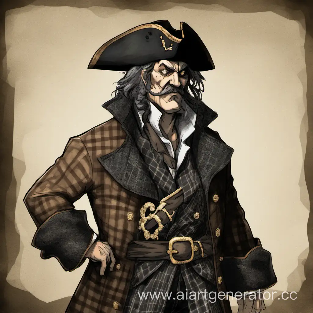 The pirate king, middle-aged, male. He is dressed with a black and brown fur coat, a gray shirt, a brown checkered tie, and black trousers. There is no left eye