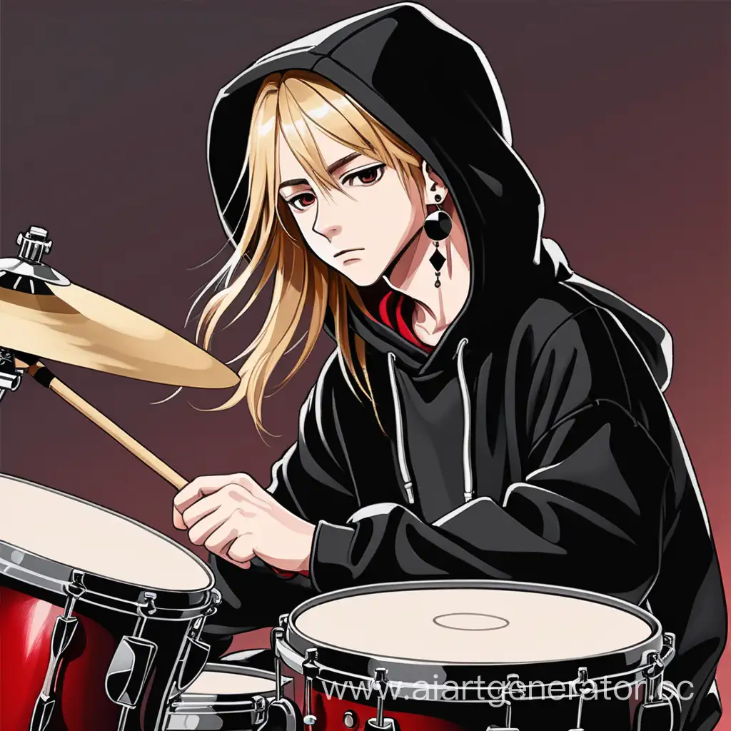 Fifteen years old boy with long blond hair plays dark red acoustic drum, he wears black hoodie and earrings, he is concentrate. Image need to be in anime style