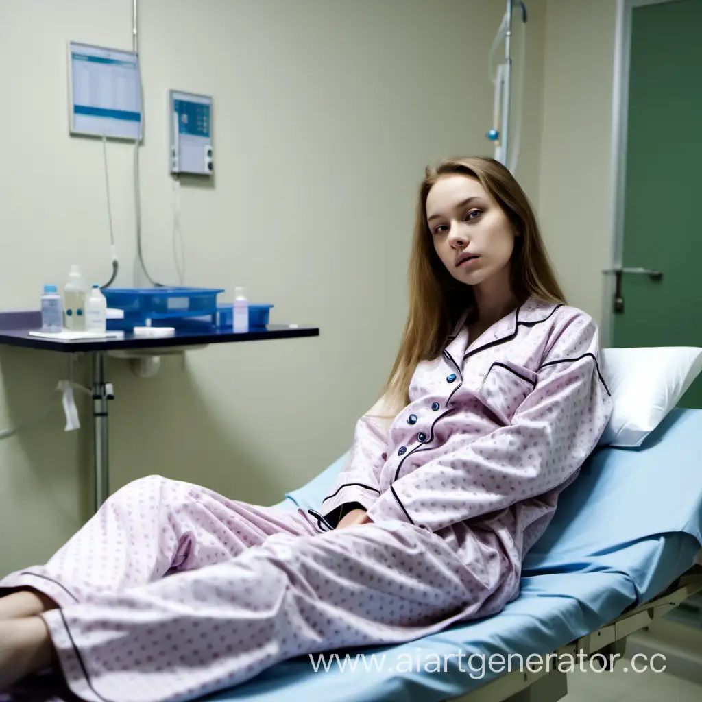 Relaxed-Young-Woman-in-Pajamas-at-Hospital-Examination-Room