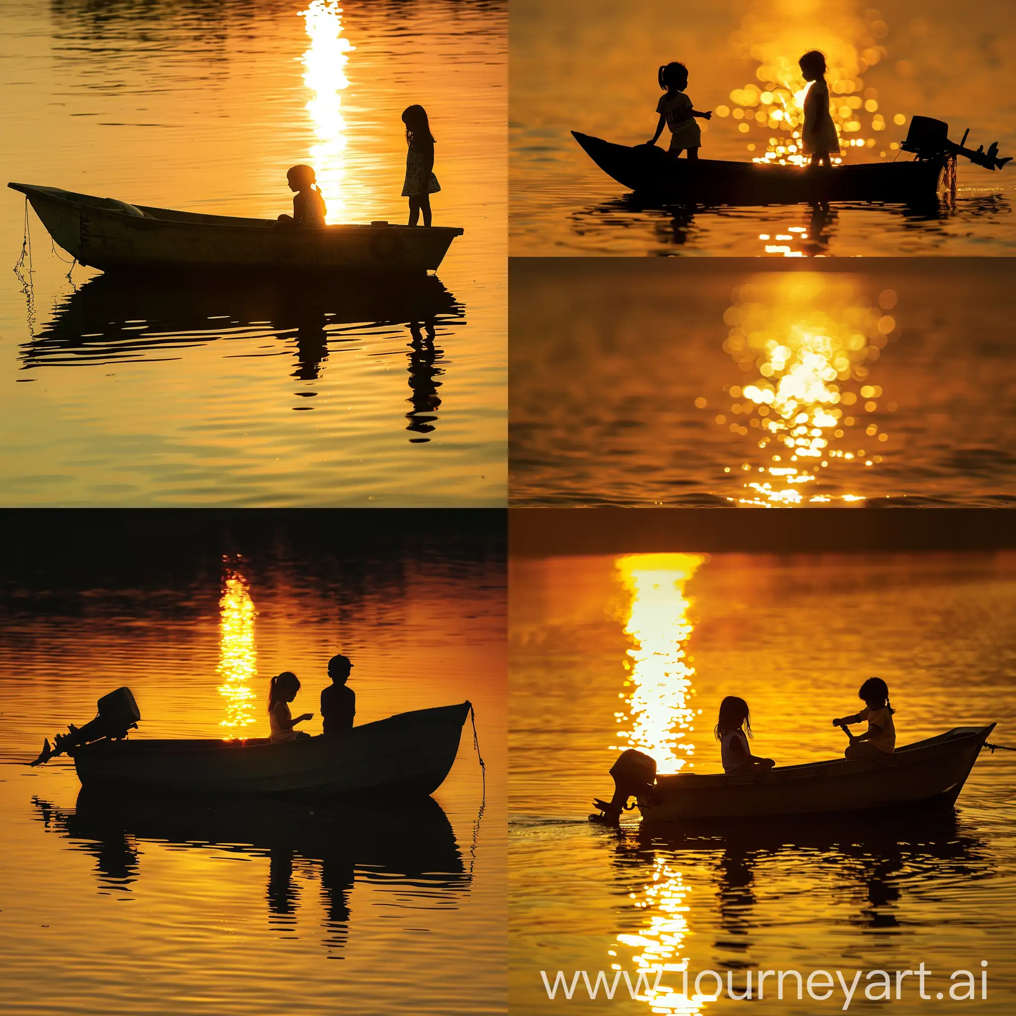 one girl, one boy on a small fishing boat silhouetted at golden hour. Reflections on water. Sunset, golden hour. 16:9 aspect ratio