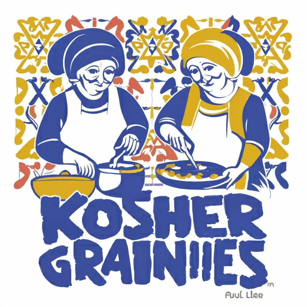 logo, Israel, yellow, blue, white, Jewish food and two traditional Jewish grannies cooking, Paul Klee, with the text 'Kosher Grannies', in Portuguese tiles, typography, be used in the automotive industry