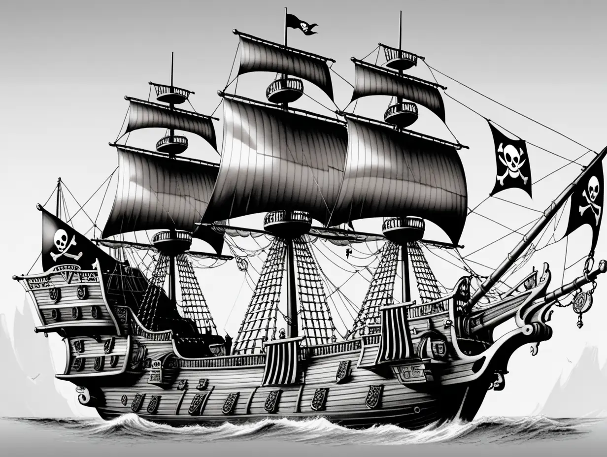 a black pirate galley which has silver color sails, silver cannons, one piece drawing style.