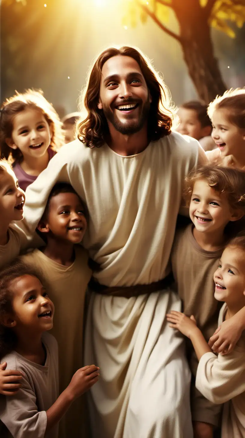 warm image of Jesus smiling with kids. HD,8K, Hyper-realistic