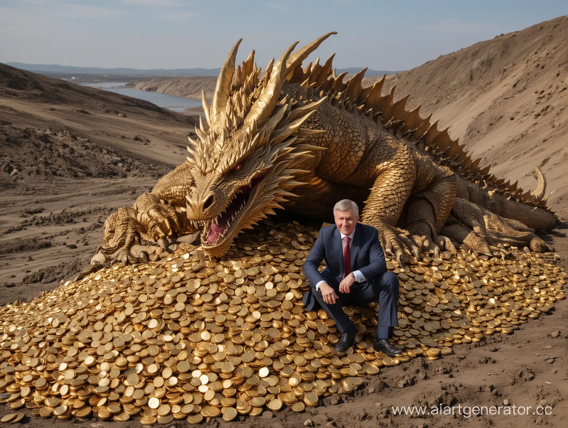 Губернатор Иркутской области Игорь Кобзев в роли дракона Смауга сидит на куче золота