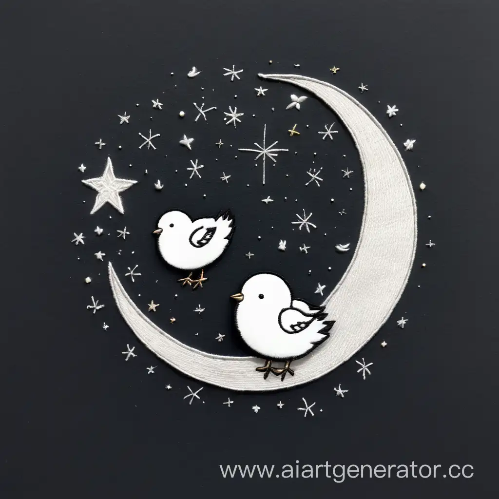 Нарисовать пол луны , а вокруг нее вместо звезд цыплят минималистично для вышивки одежды 
