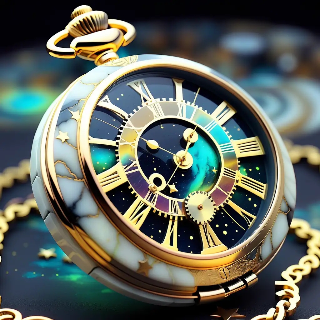 steampunk pocketwatch. marble. gold. white. outerspace. stars. dark matter. nebula. aurora. neon. very intricately and microscopically detailed. glossy. iridescent. luxury design.