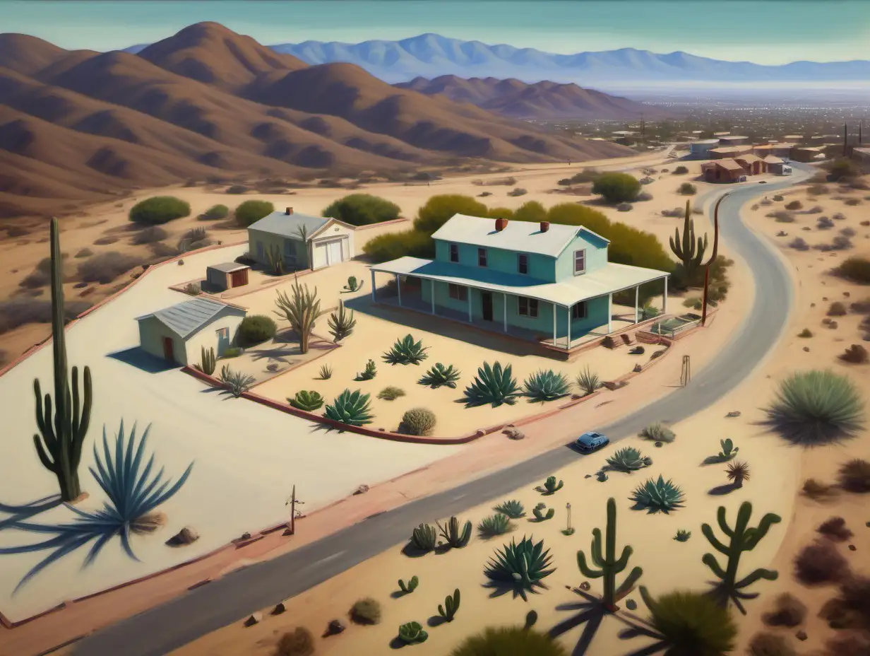 in style of edward hopper, semi desert southern california landscape from aerial of 20 degrees high  with scattered variety of small cacti, very few hills with small homestead home with old curved sandy road and a tall water well on edge of property