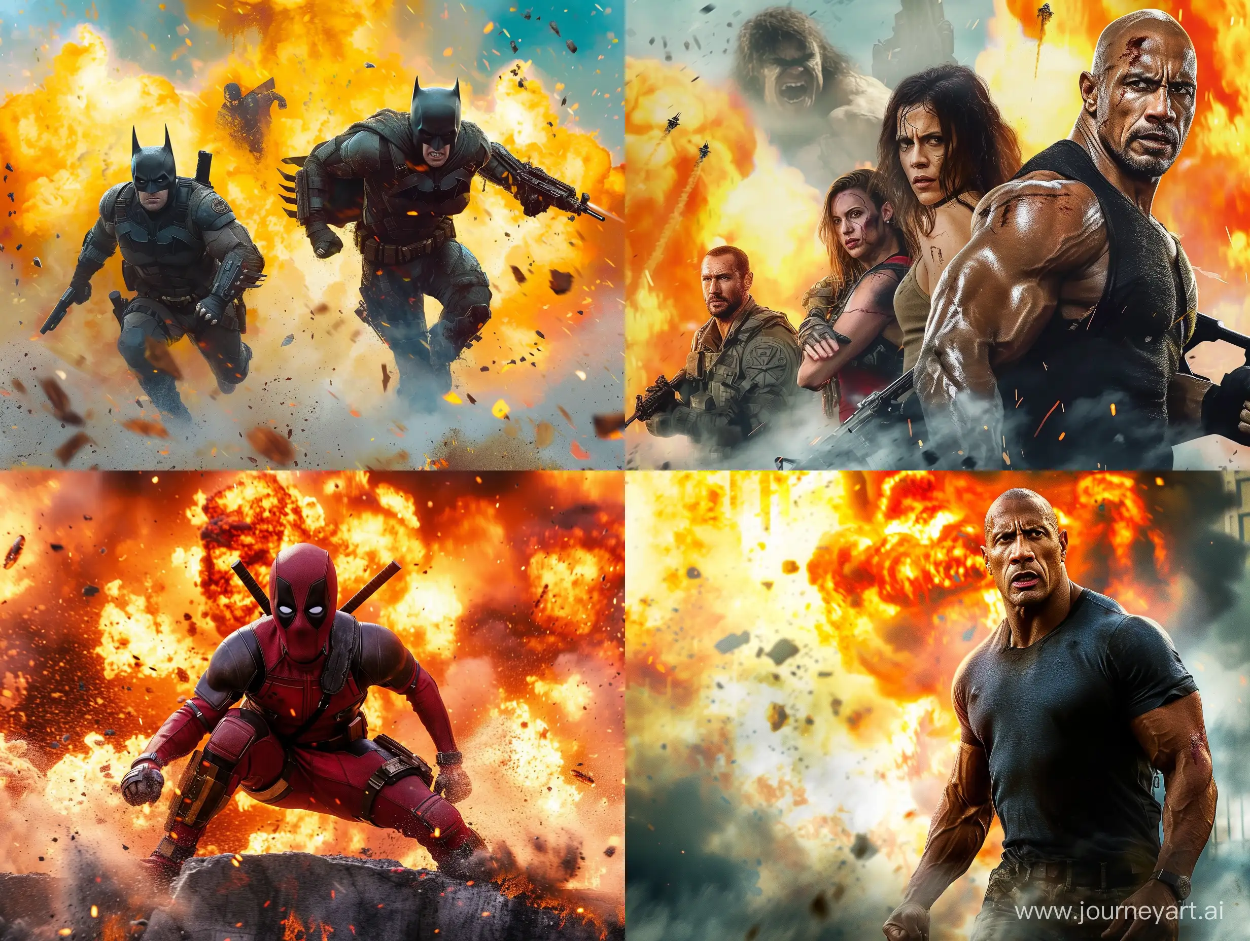 popular movie characters in badass pose and explosion in behind