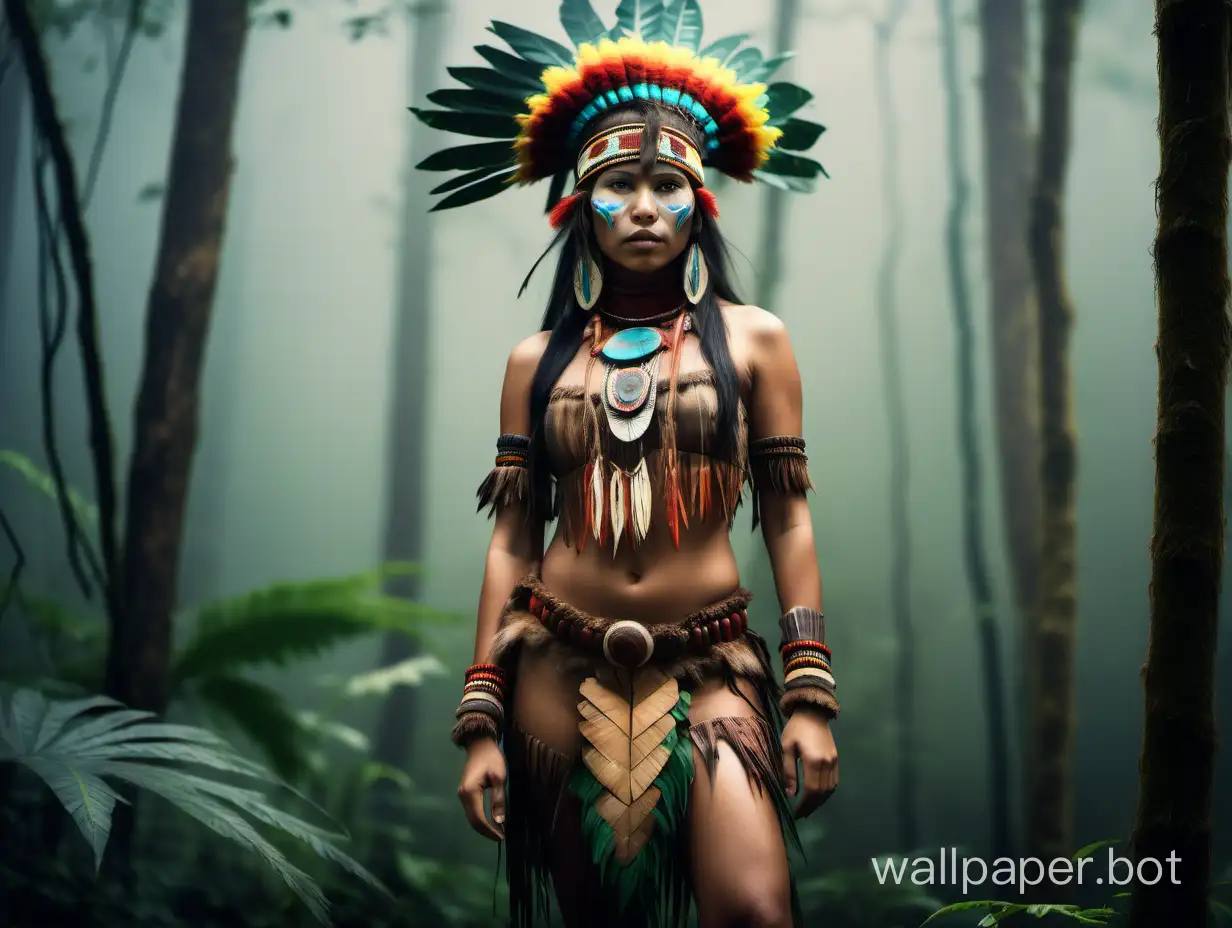 Imagine a native girl in the misty forest, full-length, dressed in Amazonian attire, stunning full-color images, sharp focus, studio photo, front view, complex details, high detail