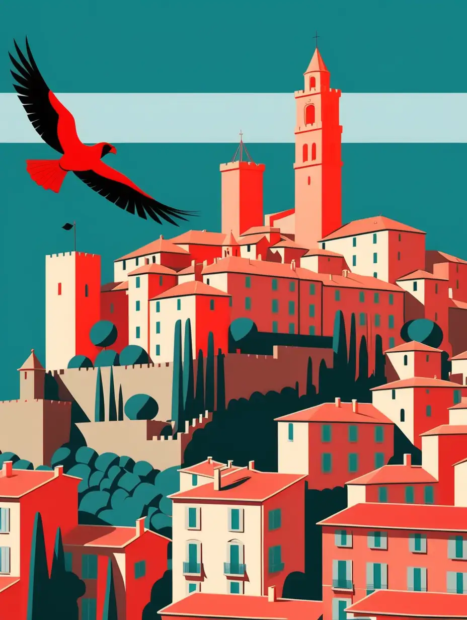 view of the city of Menton,Medieval Castle of Roquebrune, in the style of cubist elements, pop art, op art, flat perspective, dark turquoise and light red, grid, ad posters, birds-eye-view, horizontal stripes --ar 89:128