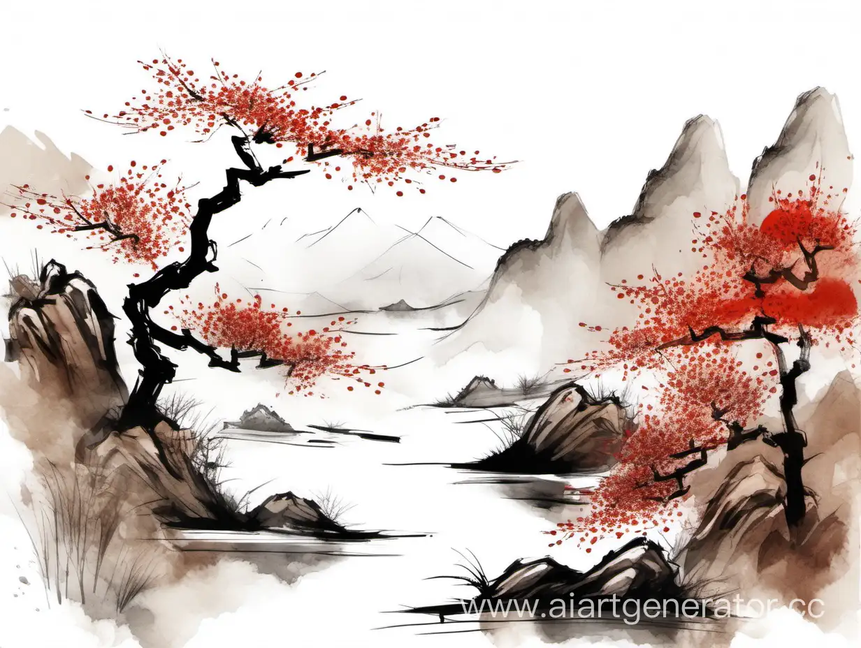 простой фон, китайская природа, весна, рисунок в китайском стиле тушью и акварелью в черно-белой графике с элементами коричневого и красного  цвета