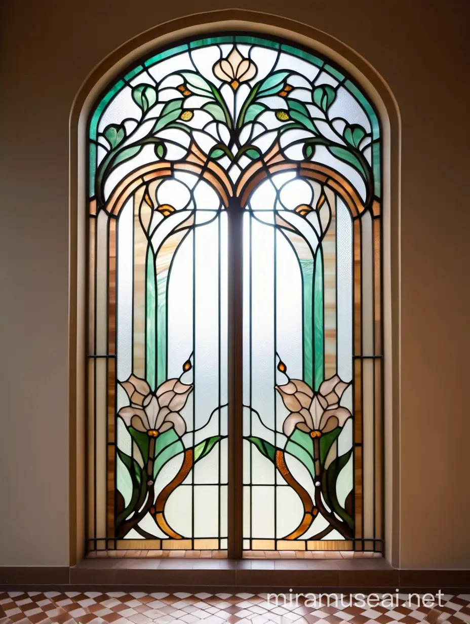прямоугольная, 4 четырехстворчатая витражная стена в технике тиффани, в стиле ар нуво, с красивыми плавными, изогнутыми линиями, из бежевого и белого цвета стекла на фоне штор из органзы