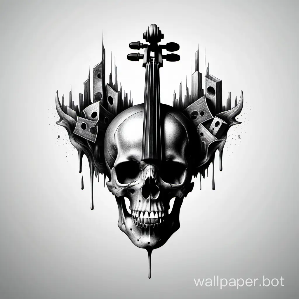 black violin upside down, allusion to a skull head , fantastic drawing, logo ilustration,