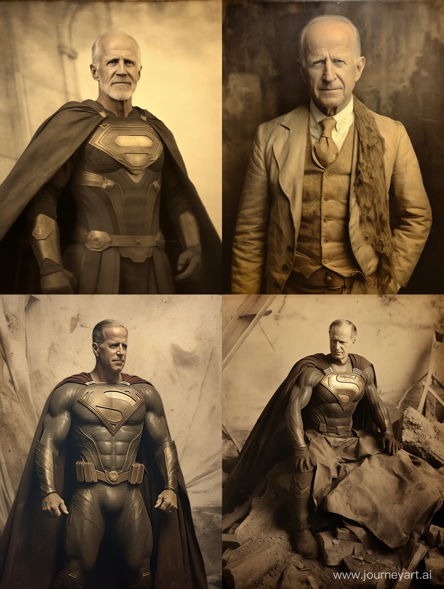 Historic archaeological photograph of Joe Baiden in Superman costume, sepia, photography aged and cracked.