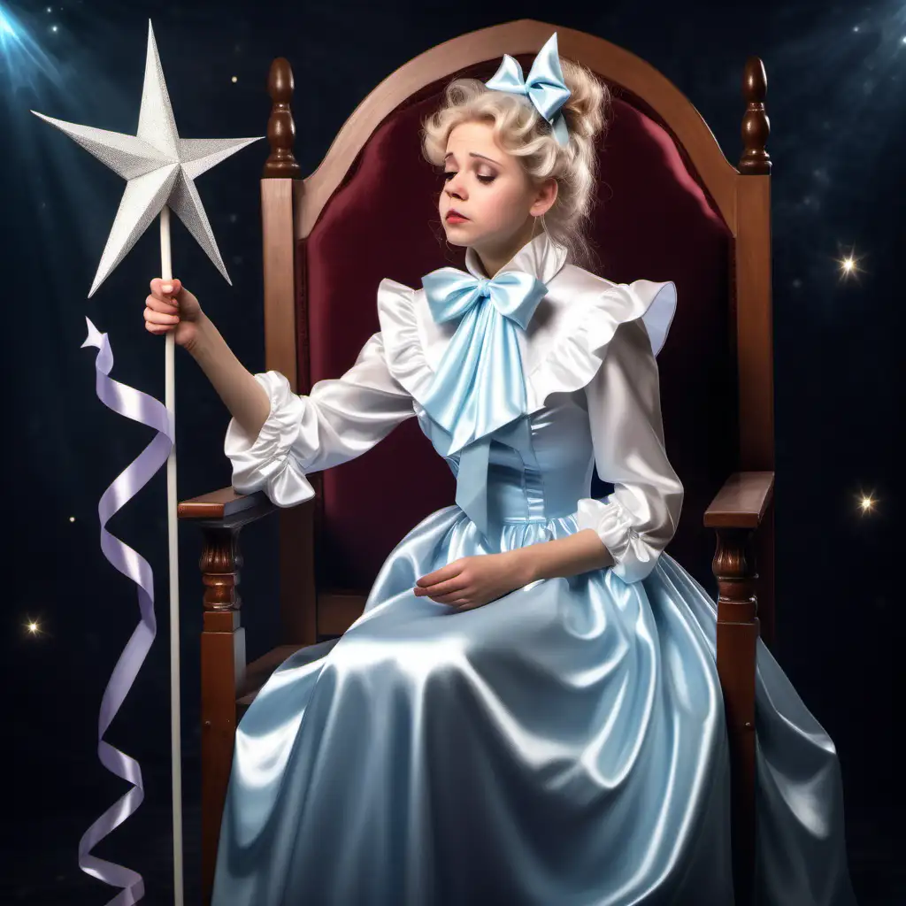 Young fairy godmother wearing a white satin blouse with high-neck ruffles and large ribbon-bow collar and long satin dress sits on a throne and looks down sad and disappointed and waves a magic star wand full body profile