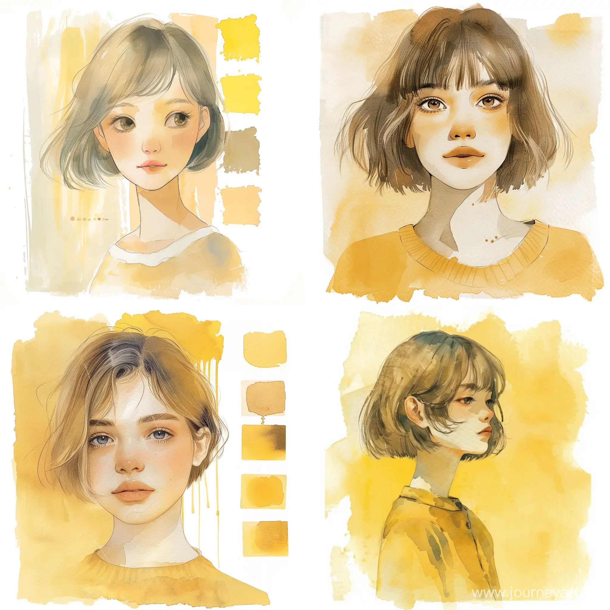 muted yellow color palette, muted colors, yellow shades, muted shades, watercolor colors, pastel colors, girl, girl with short hair, girl, watercolor