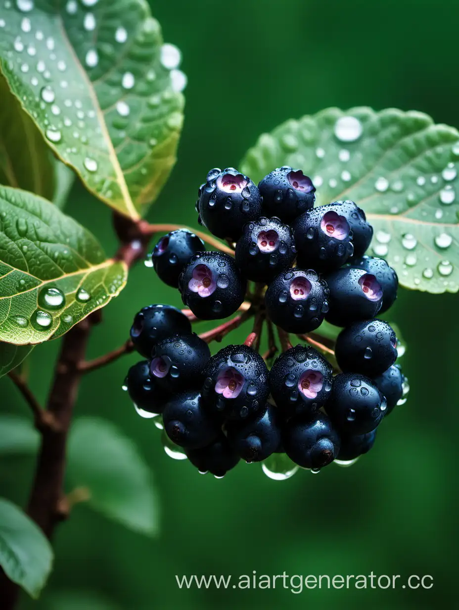 Dark-Green-Aronia-Fruit-with-Big-Blue-Flower-and-Water-Drops
