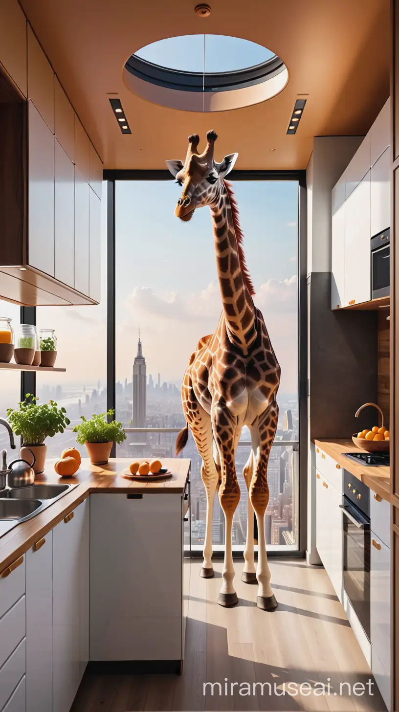 Giraffe in Airborne Kitchen Scene