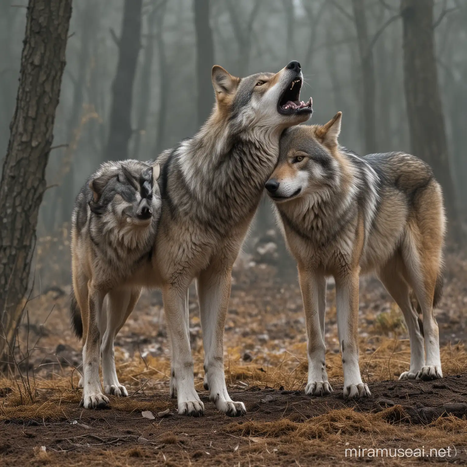 Wild Wolves Roaming Through Misty Forest