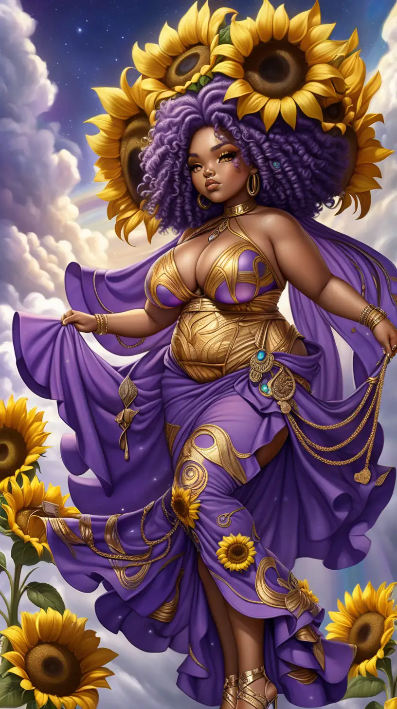 High Society, Beautiful, iridescent, fluid, Deep colors of purple and gold, 8k hyper detailed, highly intricate of a curvy plus size chibi afrocentric woman, whose dress is intertwining with clouds, sunflowers and wind, as it extends from the clouds, transforming it's wind into a dress that covers her figure, while she begins to walk, wearing florescent orange gladiator heels avant-garde, 5th dimensional, V6