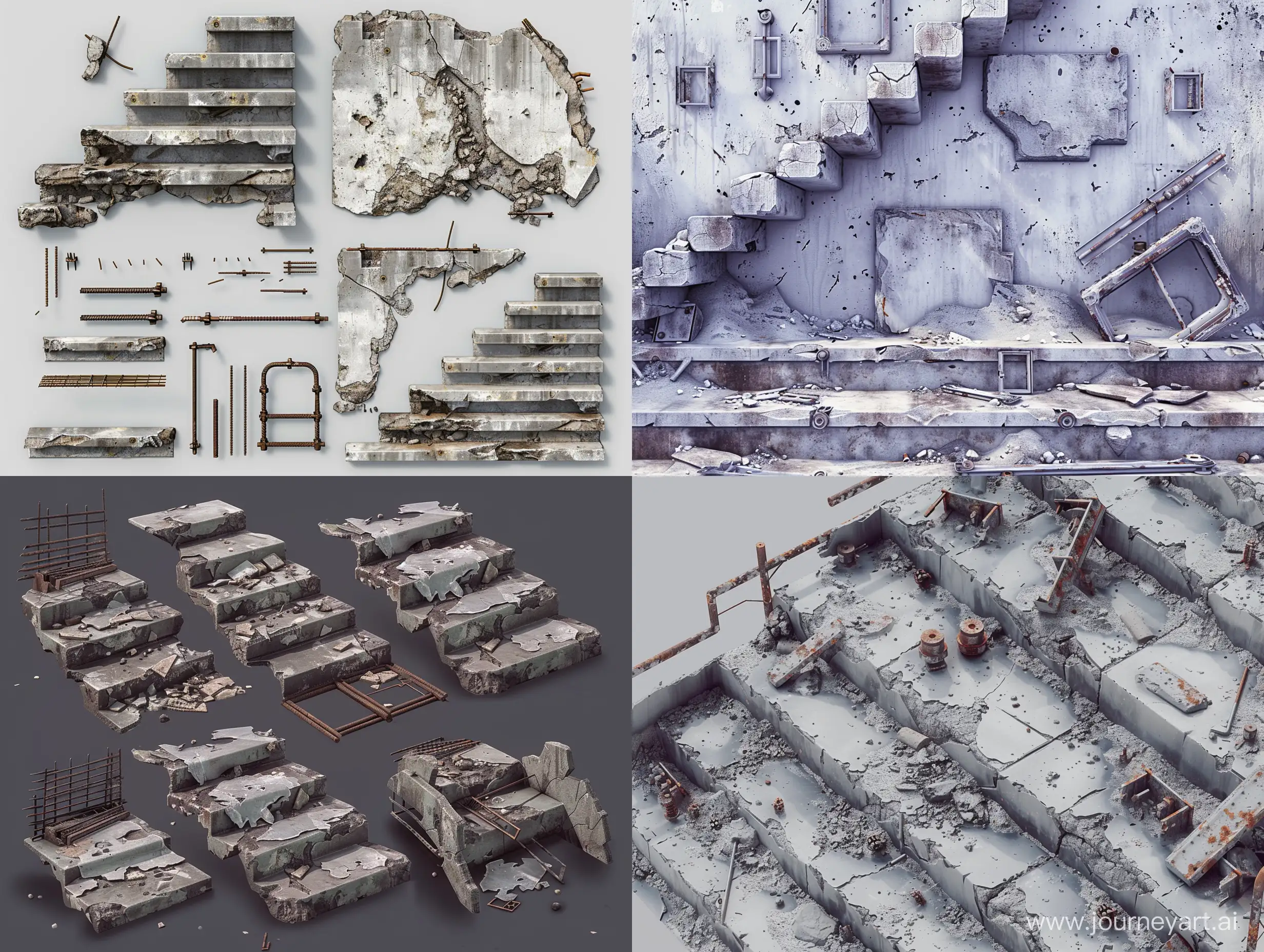 A collection of sprites for a 2d platformer. long broken concrete steps on the stairs, pieces of ruins, protruding fittings and steel frames. construction junk. peeling walls. the parts are made of iron. A map of sprites. post-apocalypse, brutalism. 8k. photorealism, unreal engine