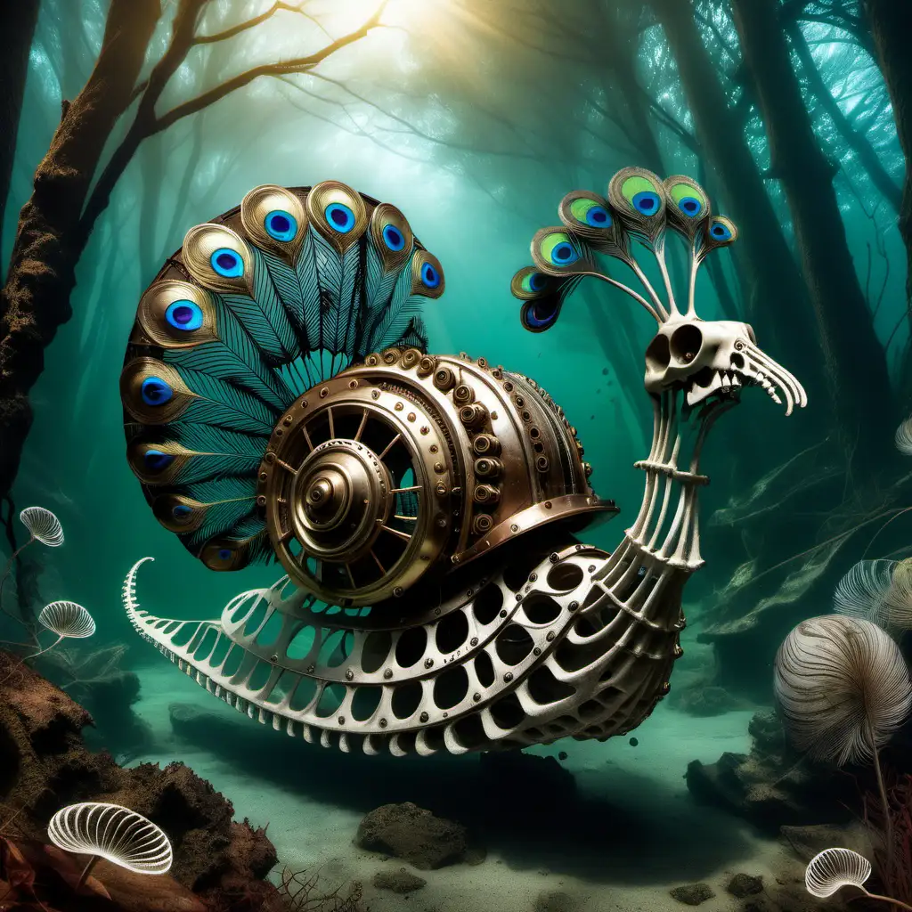  steampunk, 3 snail skeleton, with peacock feathers, in the woods, underwater scenery 