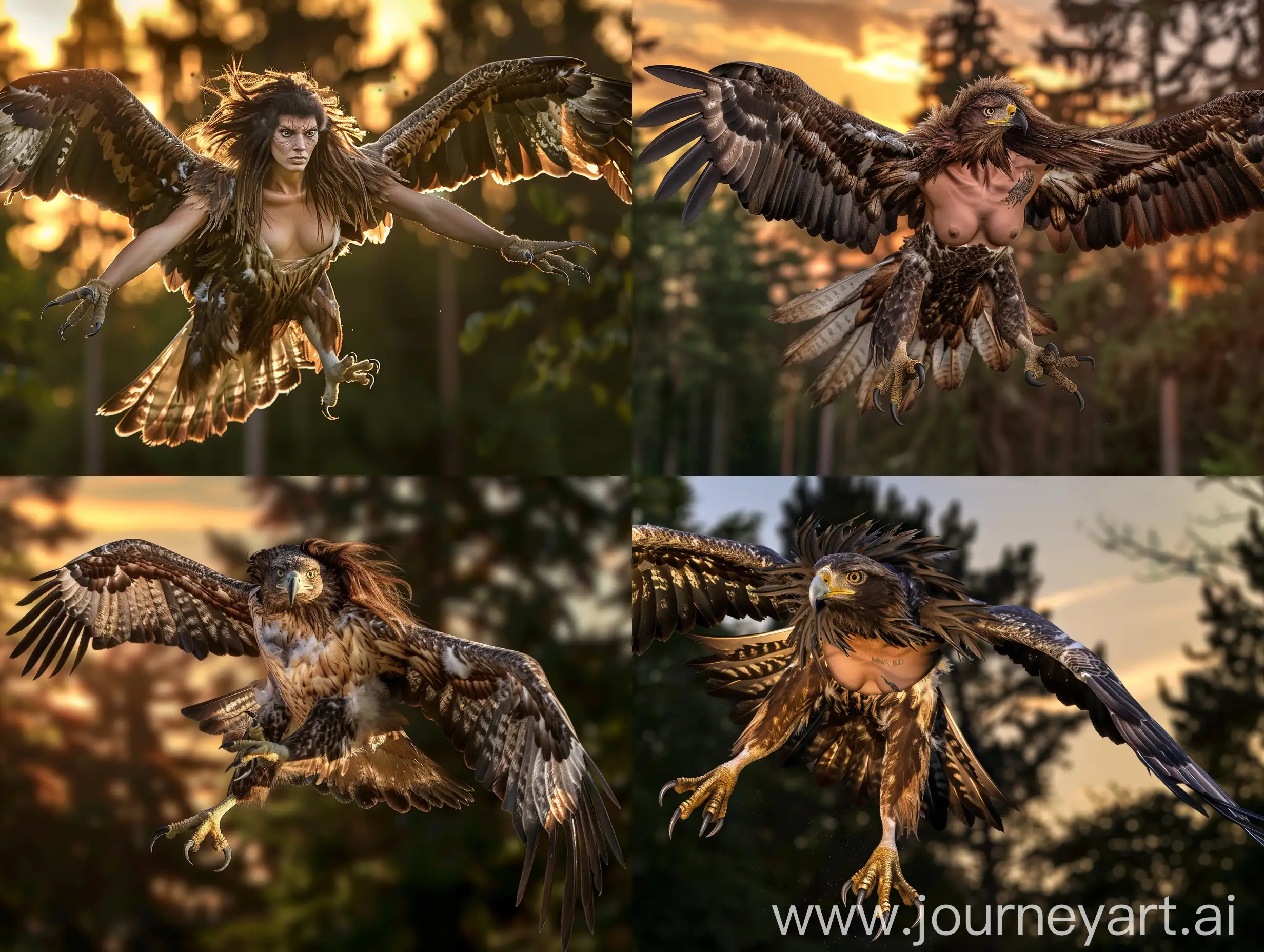 An eagle. She has loose brown hair, a beautiful human face and a chest. She has feathers, claws and wings. She is flying over a forest at sunset. She has claws for feet. Realistic photograph, full body picture.