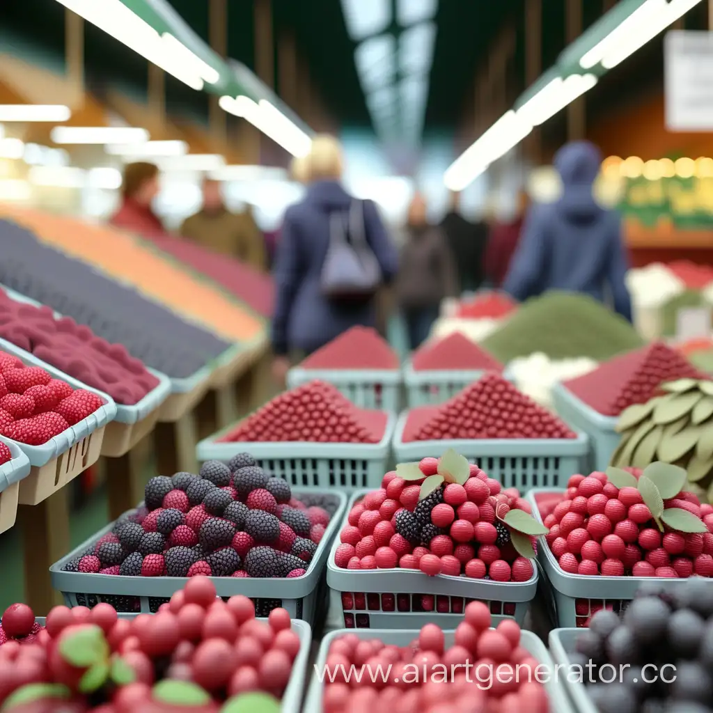 Крытый Рынок с ягодами, снизу строка ягод, на заднем плане ходят люди 4к картинка