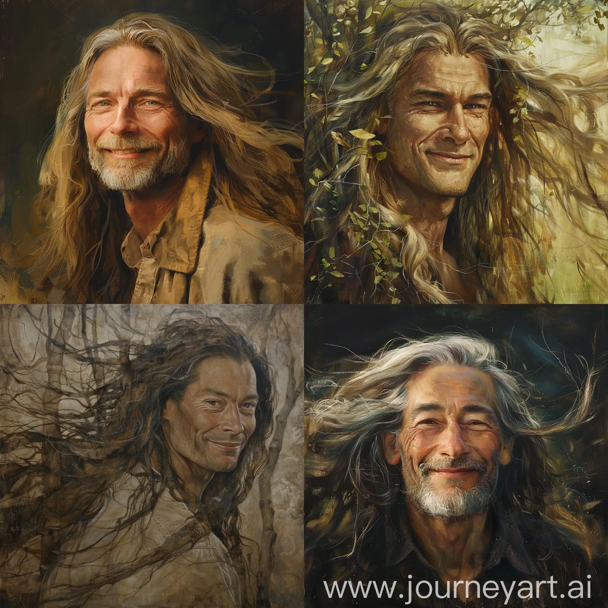 
"The father, Noah, is a man characterized by wisdom and tenderness, embodying the heart and soul of the home. With his long hair gently swaying in the breeze, he appears as a forest of stories and experiences. His appearance exudes calmness and dignity, with a warm smile that always reflects peace and security. The artist only needs his gentle features and wise eyes to depict him as he is, a loving and influential father."