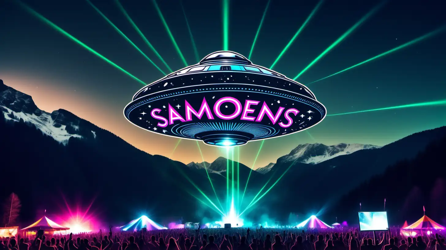 festival de musique avec un dj à la montagne avec des lasers et des petits aliens et un panneau avec une inscription Samoens et une soucoupe volante dans le ciel