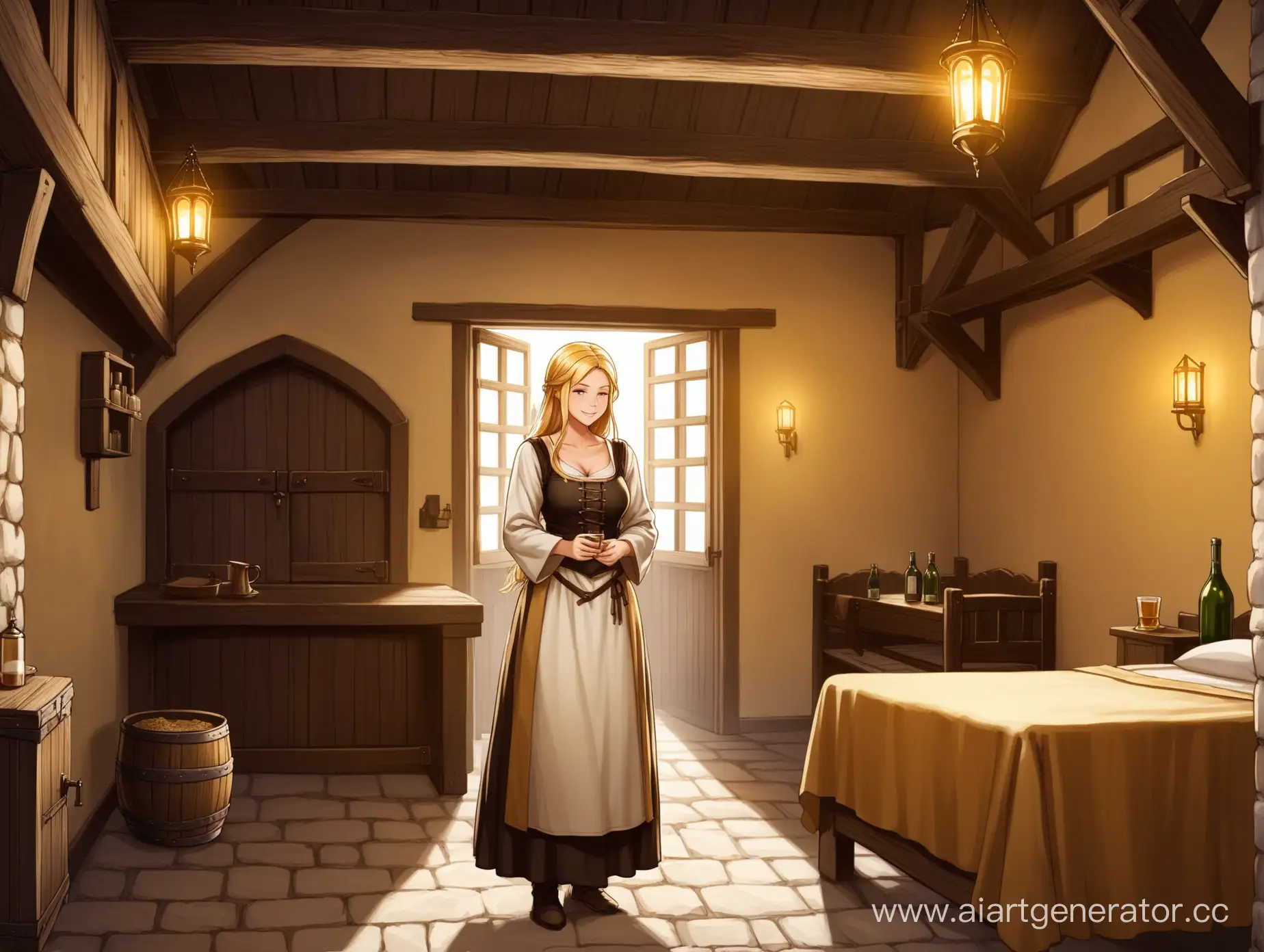 GoldenHaired-Innkeeper-Welcoming-Guests-to-a-Medieval-Inn