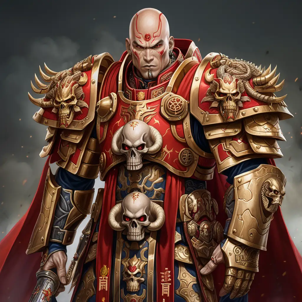 Китайский Примарх, высокий и накаченный, лысый с татуировками, змеиные глаза, красные с золотом доспехи, украшения с золотыми черепами, warhammer 40000, симметрия, портрет